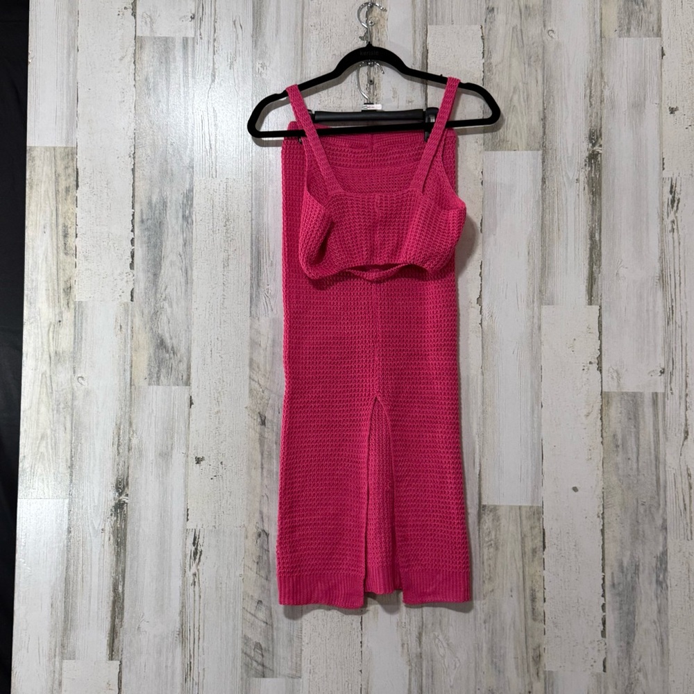 Two Piece Pink Knit Maxi Skirt and Cropped Sleeveless Top Knit Cover Up - Picture 5 of 16